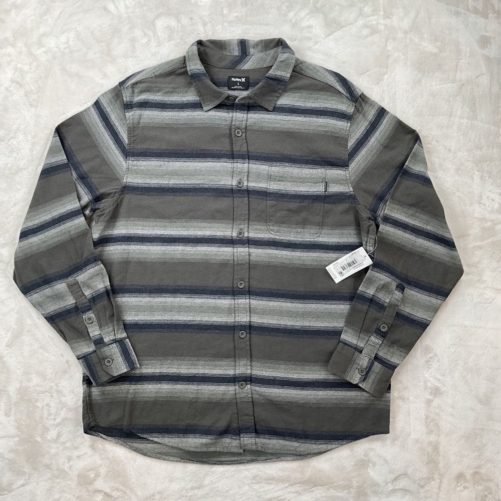 Hurley Mens Long Sleeve Striped Flannel Button Down Shirt Grey Charcoal Large